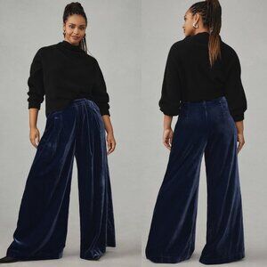 NWT New $158 Anthropologie Maeve Velvet Avery Navy Wide Leg Trousers Size 14